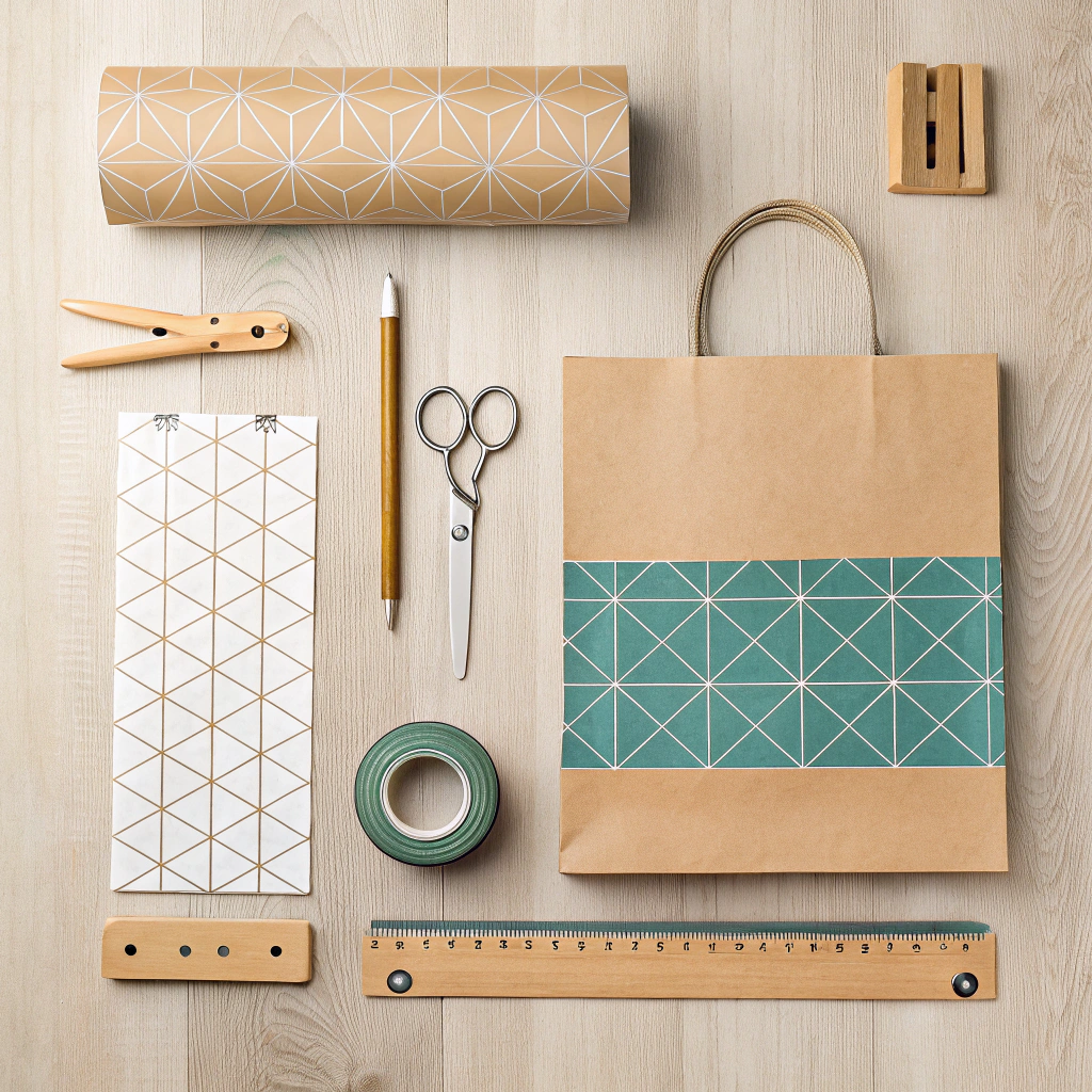 Supplies for DIY Gift Bag An overhead shot of supplies for making a gift bag: wrapping paper, scissors, ruler, glue, and ribbon.