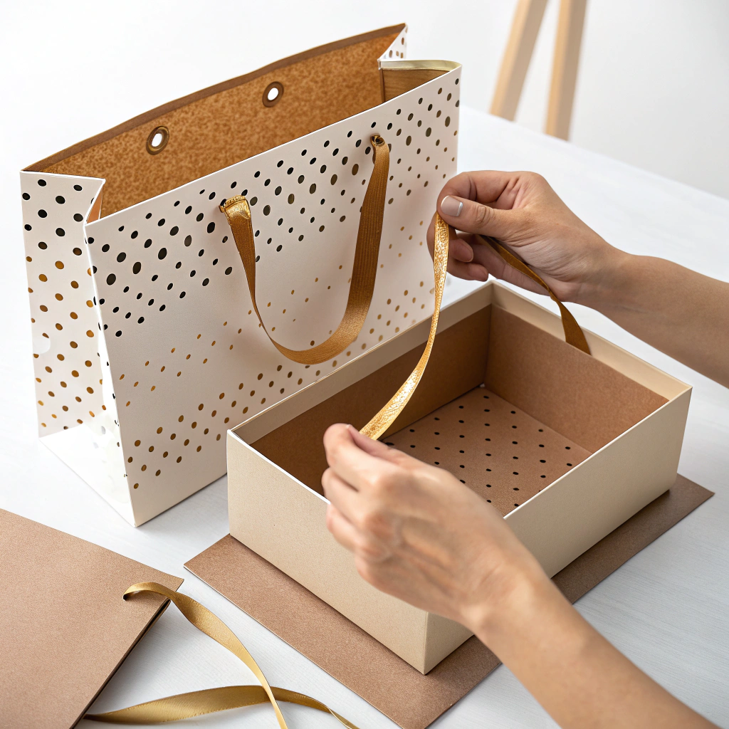 Adding Handles to Gift Bag Close-up of ribbon handles being threaded through reinforced holes on a DIY gift bag.