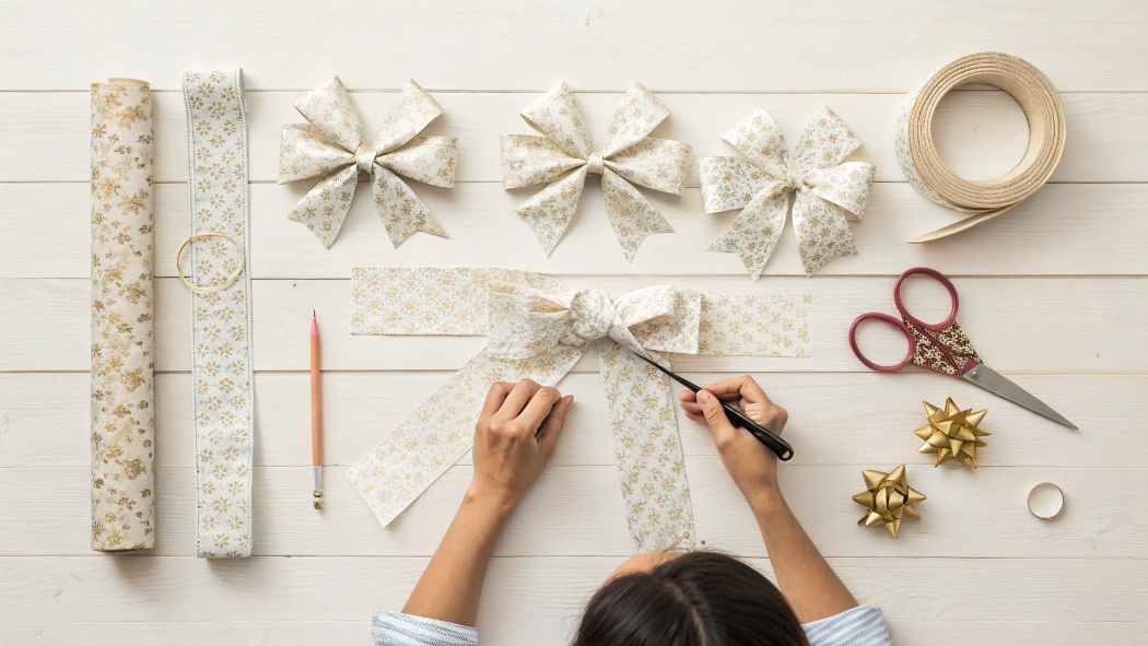 A handmade gift bow made from colorful wrapping paper sitting on a wooden table.