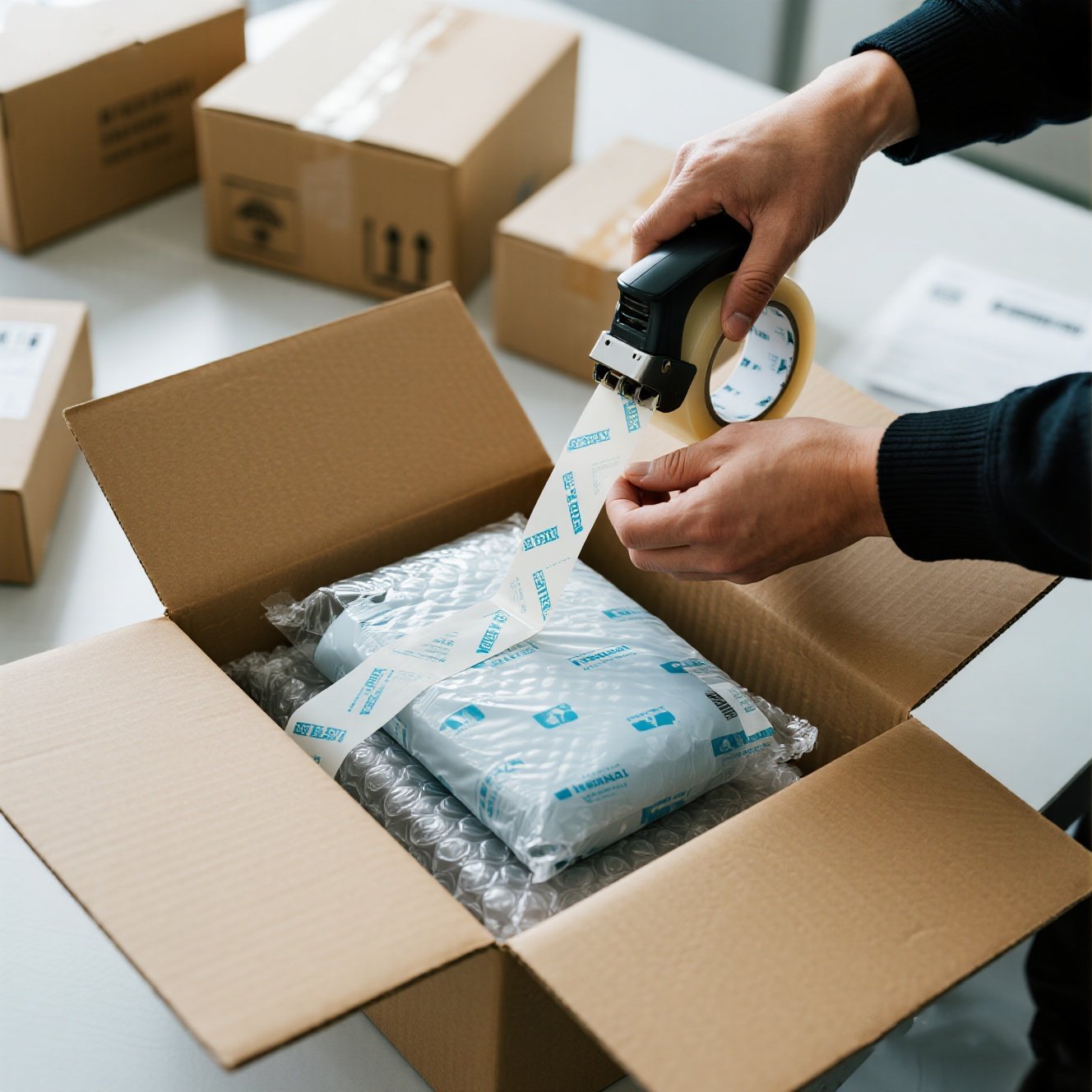 A neatly packed box with cushioning, ready for shipping
