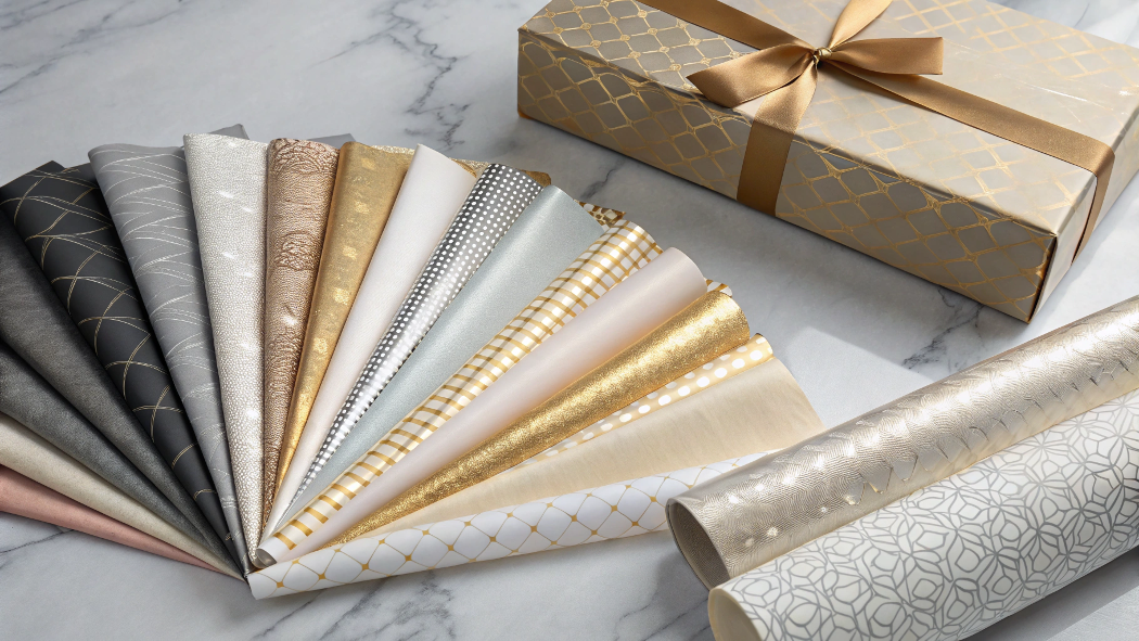 A diverse selection of wrapping paper rolls with different patterns, colors, and textures.