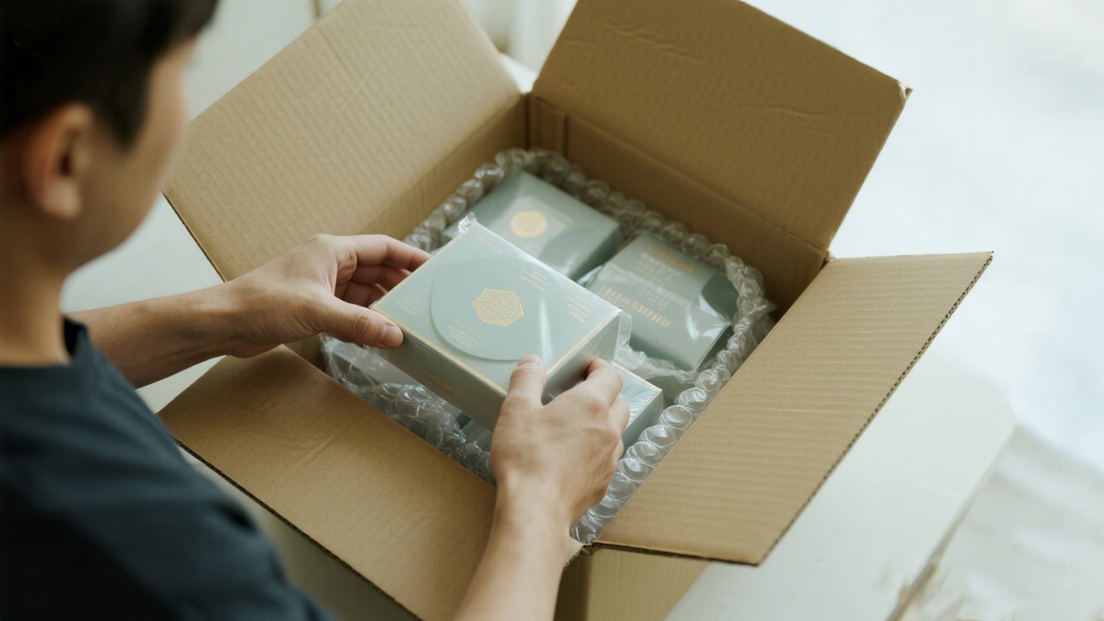 An item being placed in the center of a box cushioned on all sides