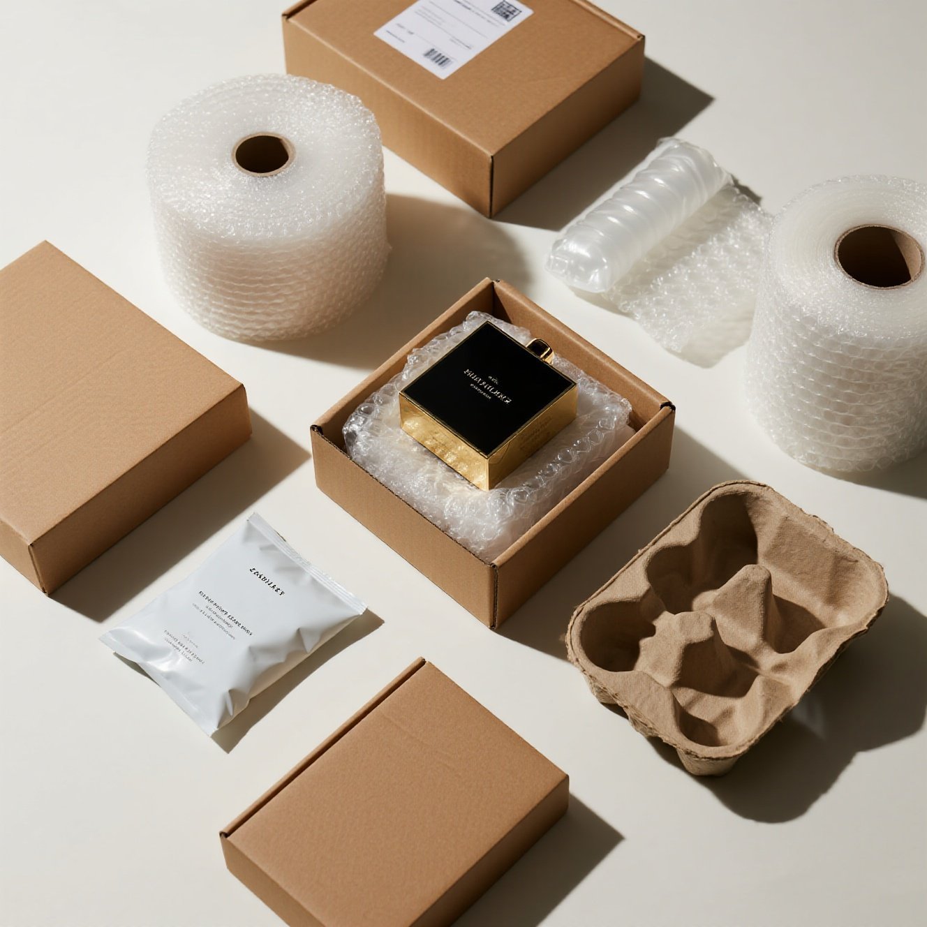 Various types of boxes and cushioning materials like bubble wrap and air pillows