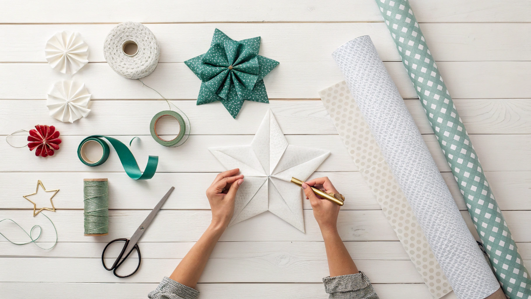 Overhead shot of crafting supplies like scissors, wrapping paper, and tape arranged neatly.