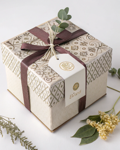 A close-up of a beautifully crafted gift bow with multiple layers and a small charm in the center.