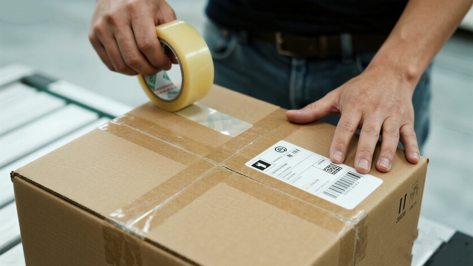 A package being sealed with the H-taping method and a clear shipping label applied