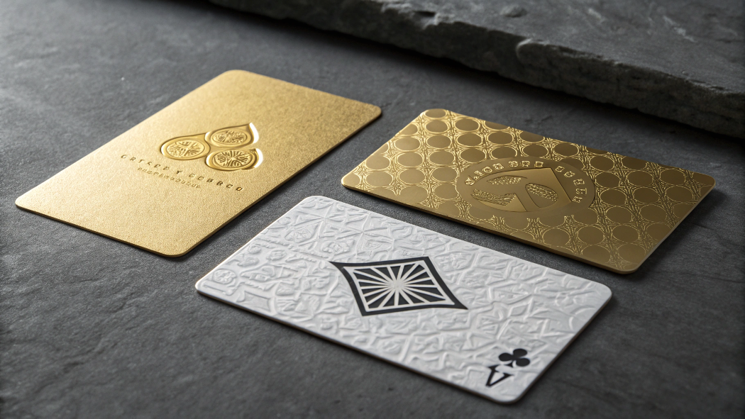Close-up of a greeting card with gold foil and embossing details