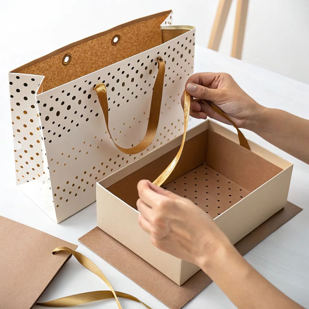 Close-up of ribbon handles being threaded through reinforced holes on a DIY gift bag.