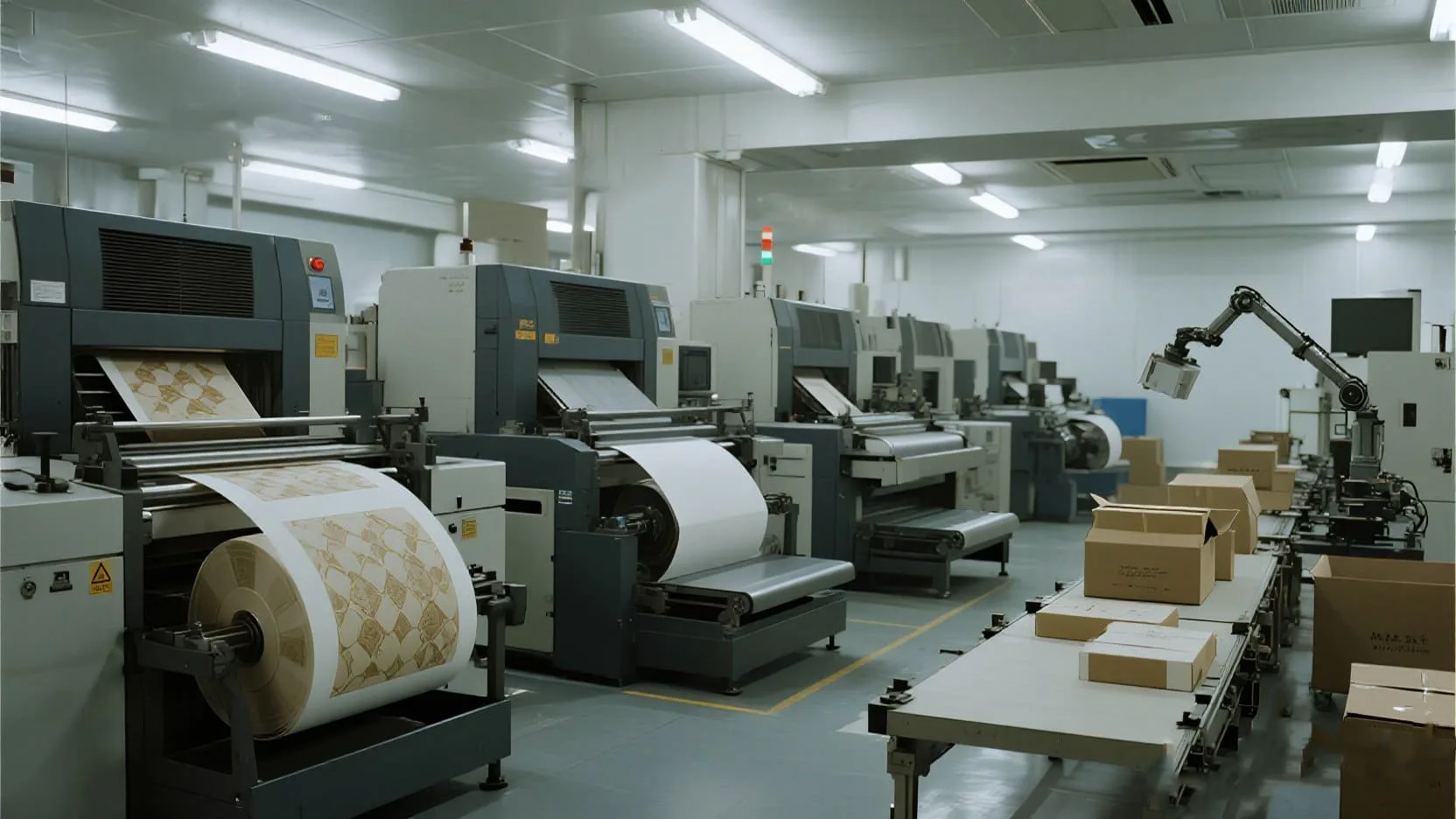 Factory machinery in the process of die-cutting printed paper sheets