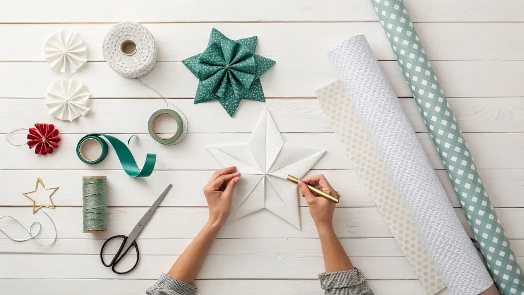 Overhead shot of crafting supplies like scissors, wrapping paper, and tape arranged neatly.