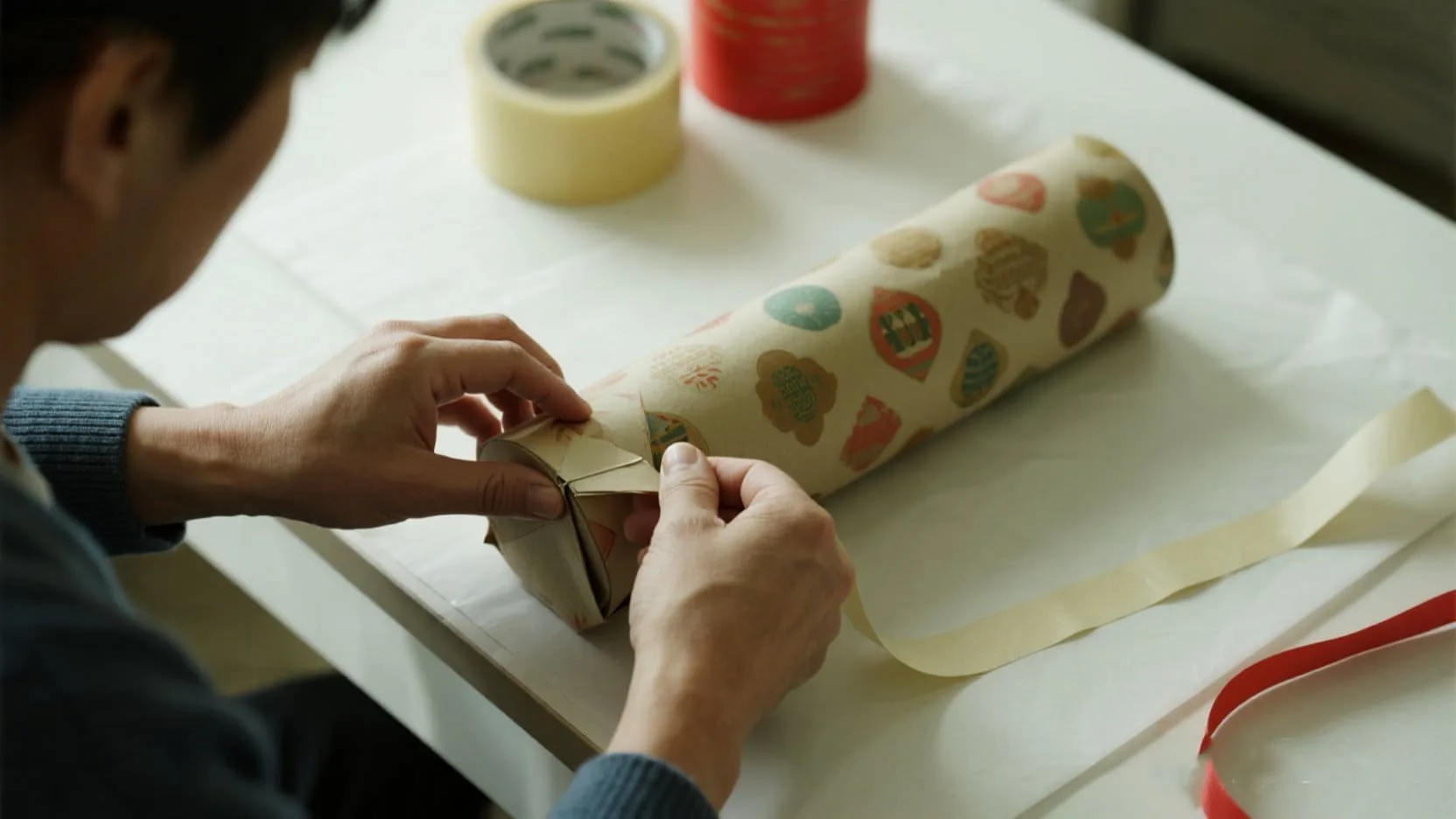 Using double-sided tape to create an invisible seam on a gift