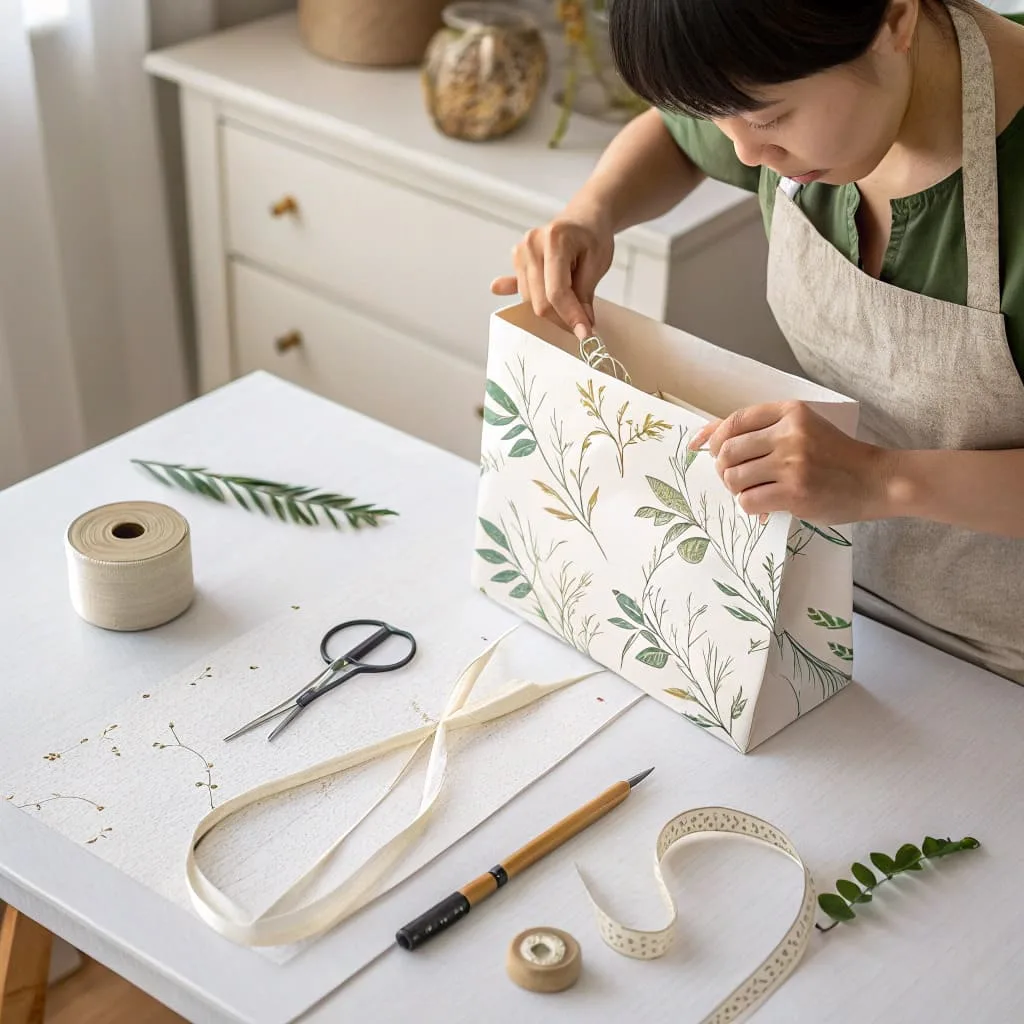 A finished DIY gift bag made from patterned wrapping paper holding a gift.