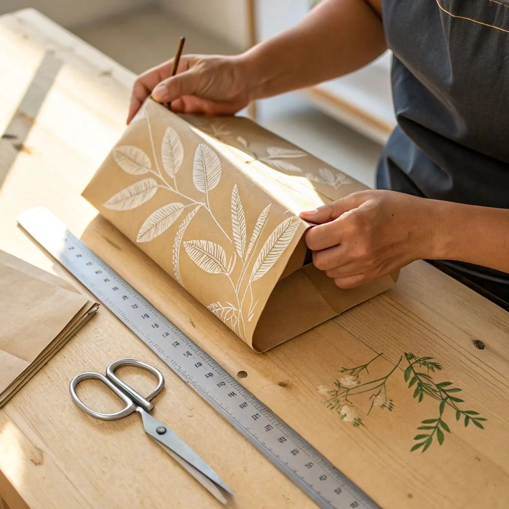 Wrapping paper being folded into a tube shape on a work surface.