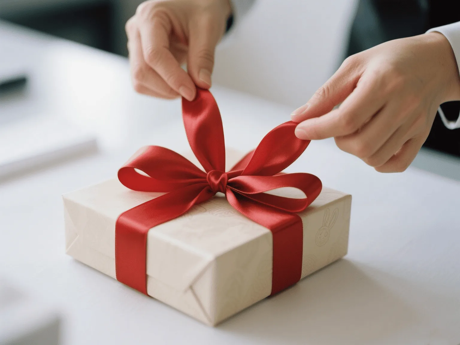 A close-up of a perfectly tied classic Christmas bow on a gift