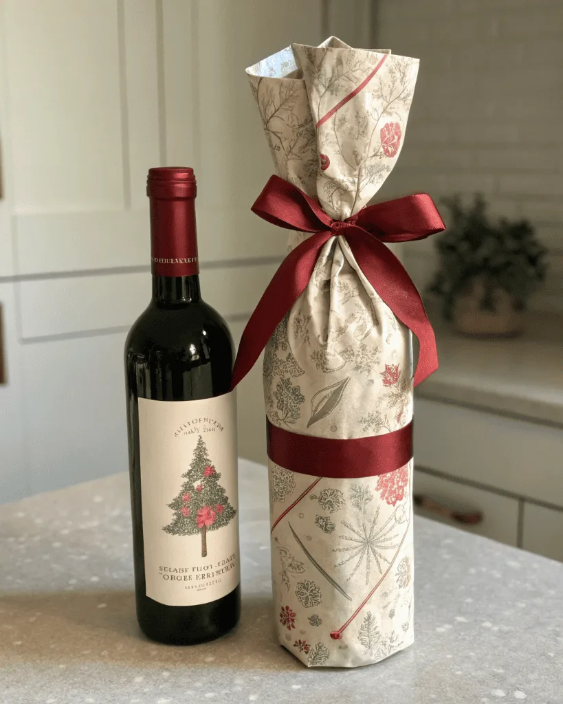 A perfectly wrapped wine bottle with a ribbon on the neck and pleated bottom