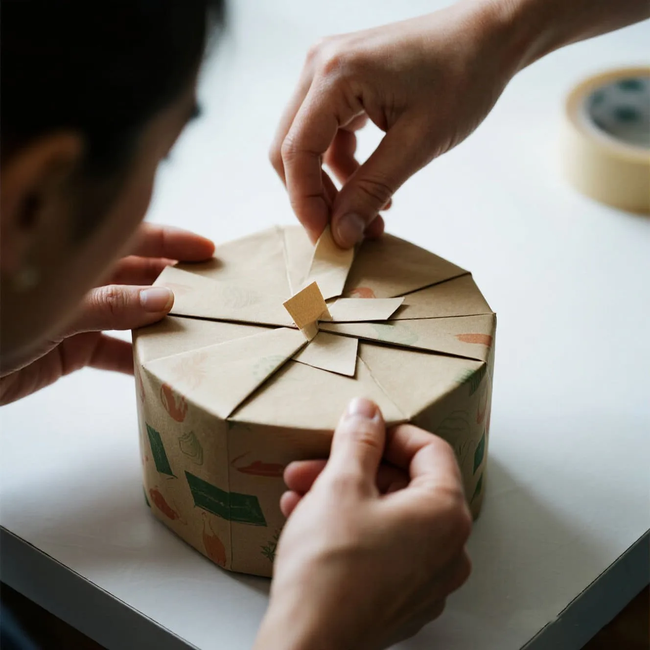 A close-up of the pleated fan fold on the end of a cylindrical gift