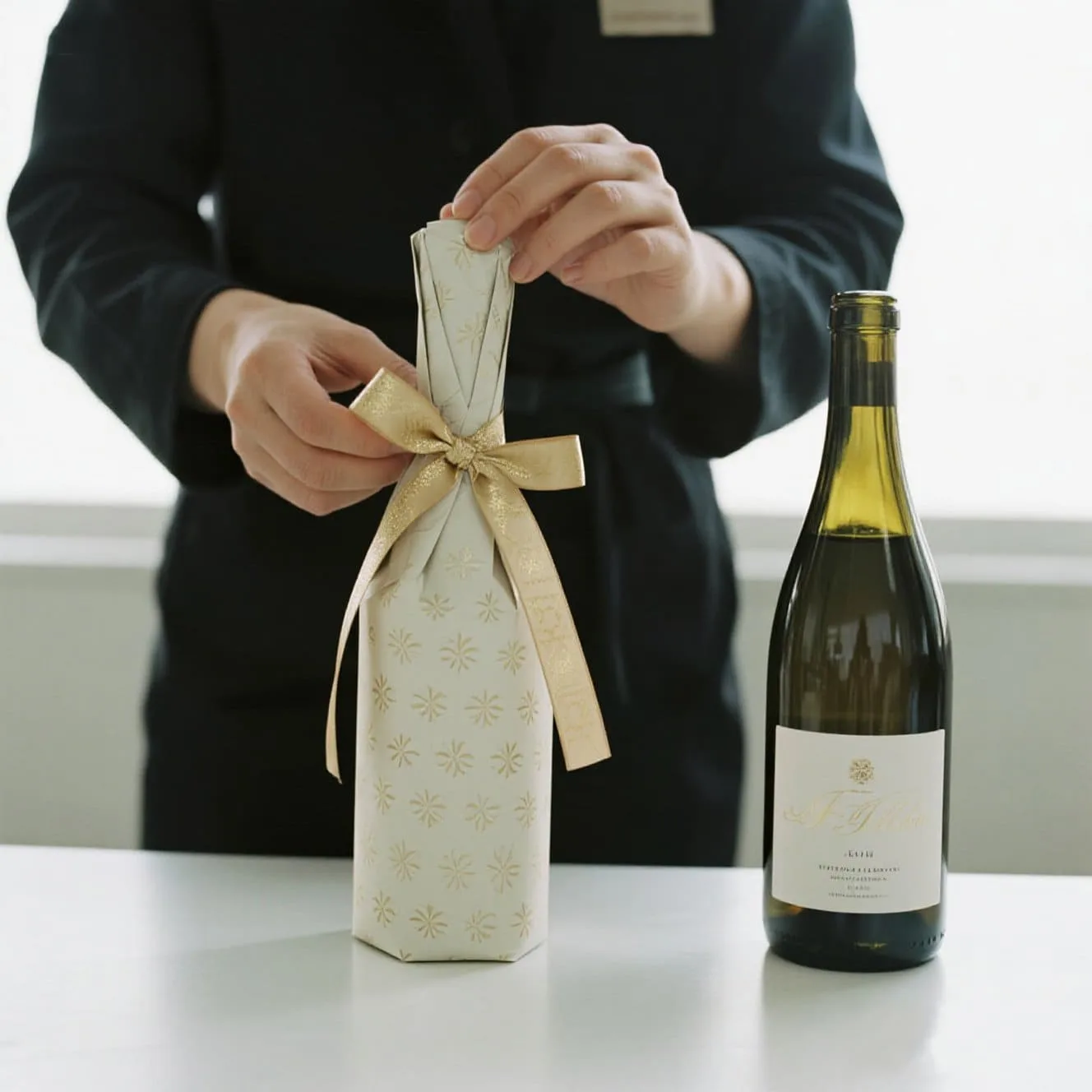 Close-up of a ribbon being tied around the twisted neck of a wrapped wine bottle