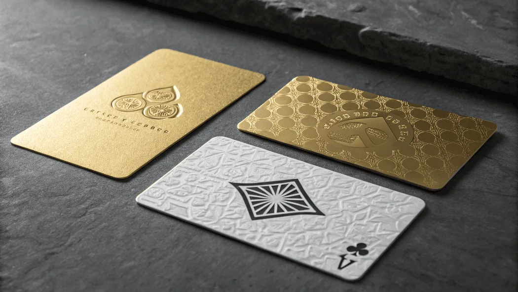 Close-up of a greeting card with gold foil and embossing details