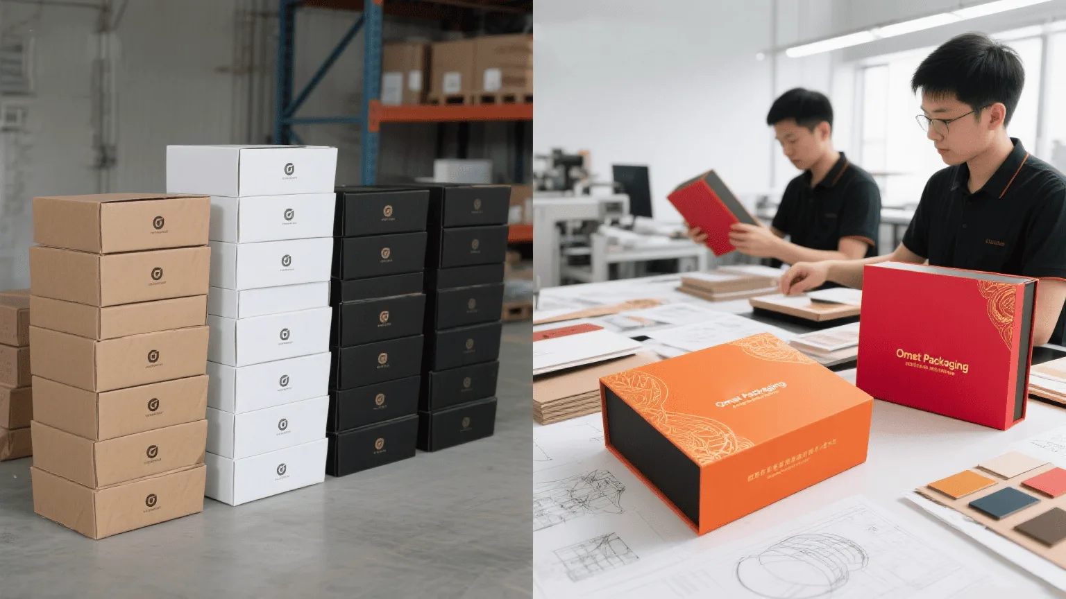 A plain white stock box next to a colorful, custom-branded gift box