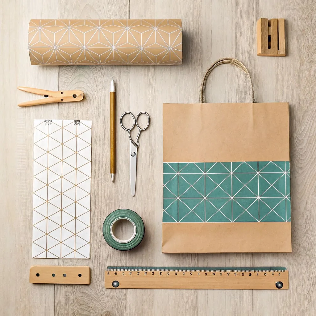 An overhead shot of supplies for making a gift bag: wrapping paper, scissors, ruler, glue, and ribbon.