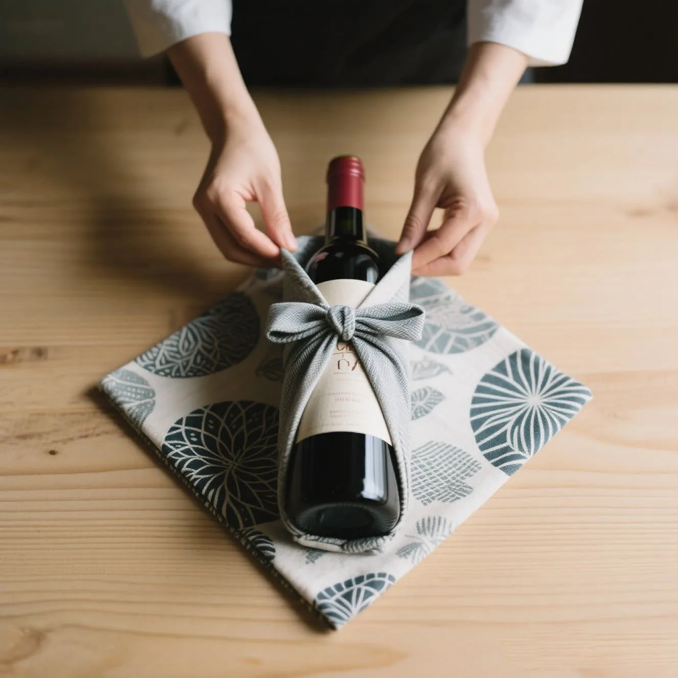 A wine bottle wrapped in fabric using the Furoshiki technique