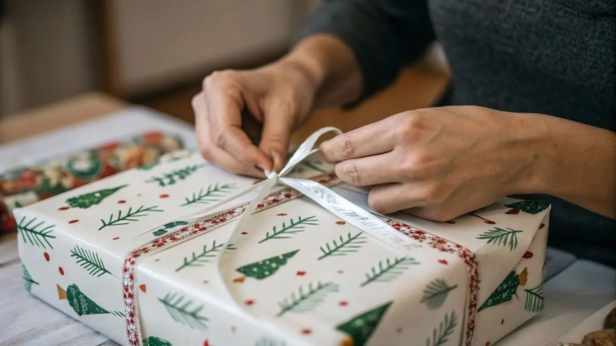 A close-up shot of a person's hands wrapping a gift with high-quality, custom-printed paper.