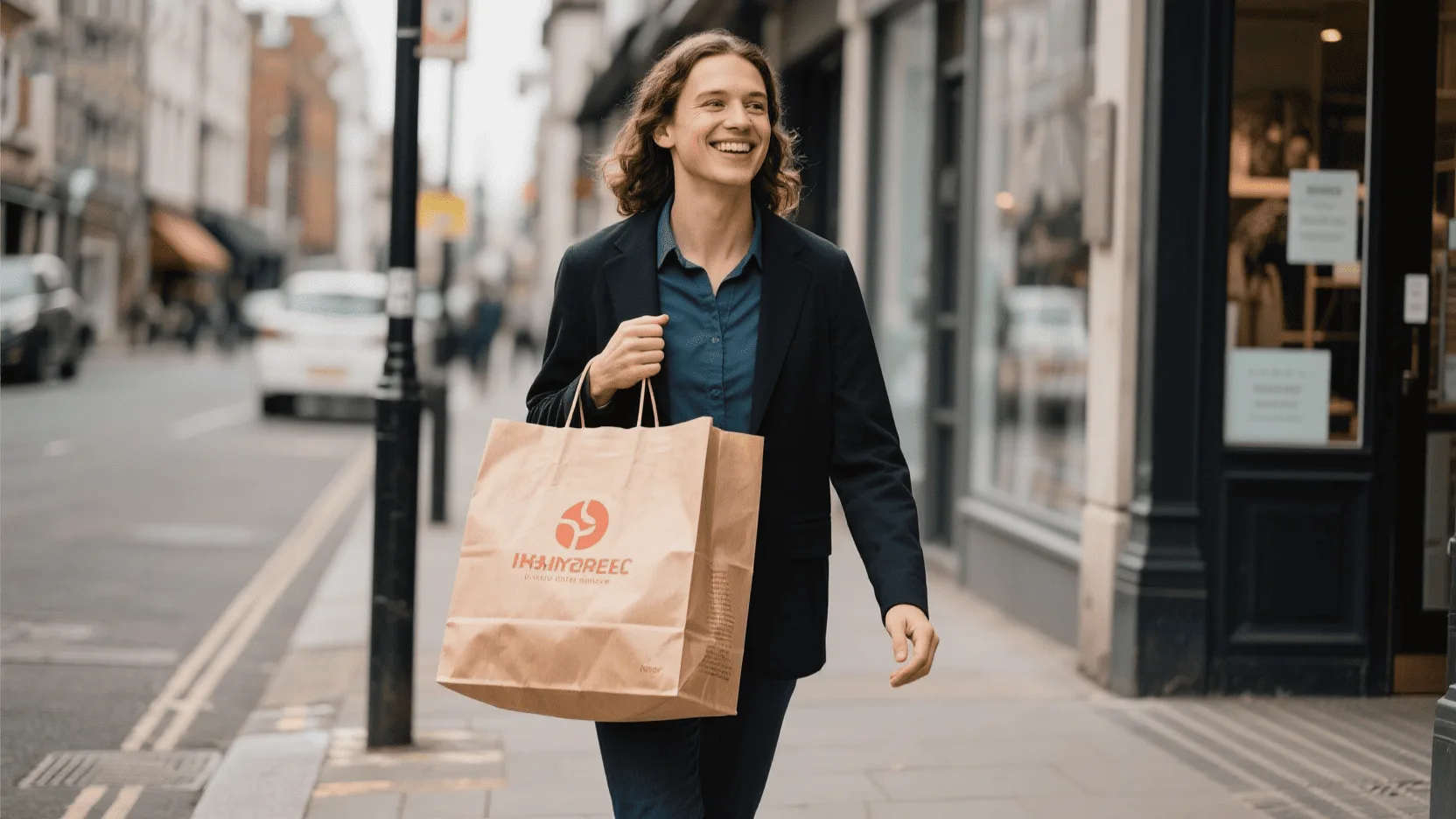 A smiling customer walking down the street, reusing a durable and attractive branded paper bag from a previous purchase.