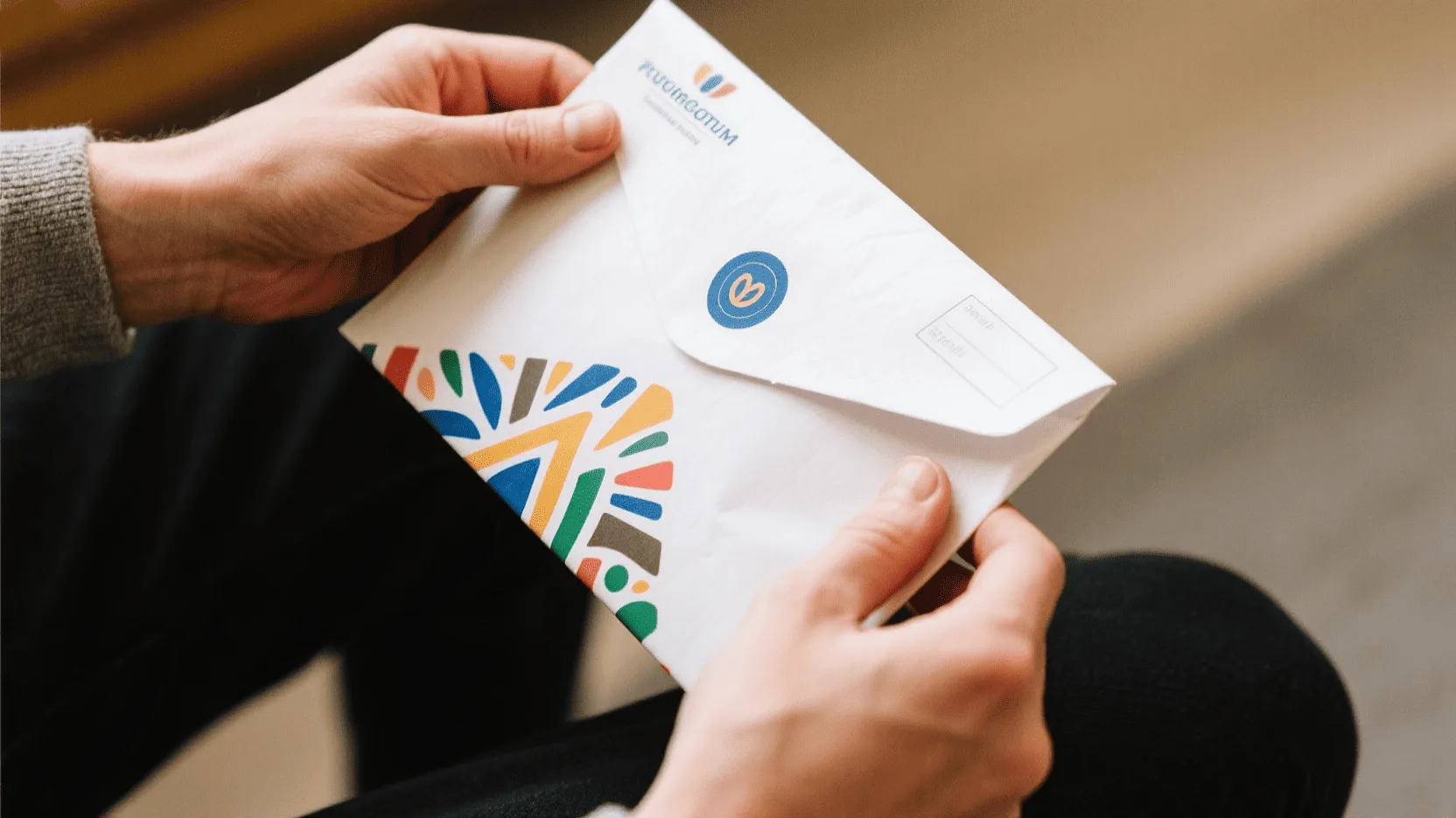 A person's hands are shown happily unboxing a beautifully designed and printed custom paper mailer.