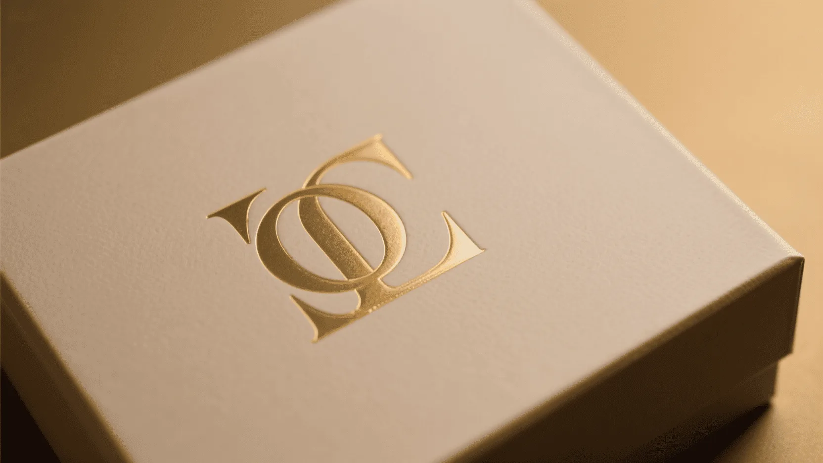 Close-up shot of a hot-stamped gold logo on a luxury paper box.