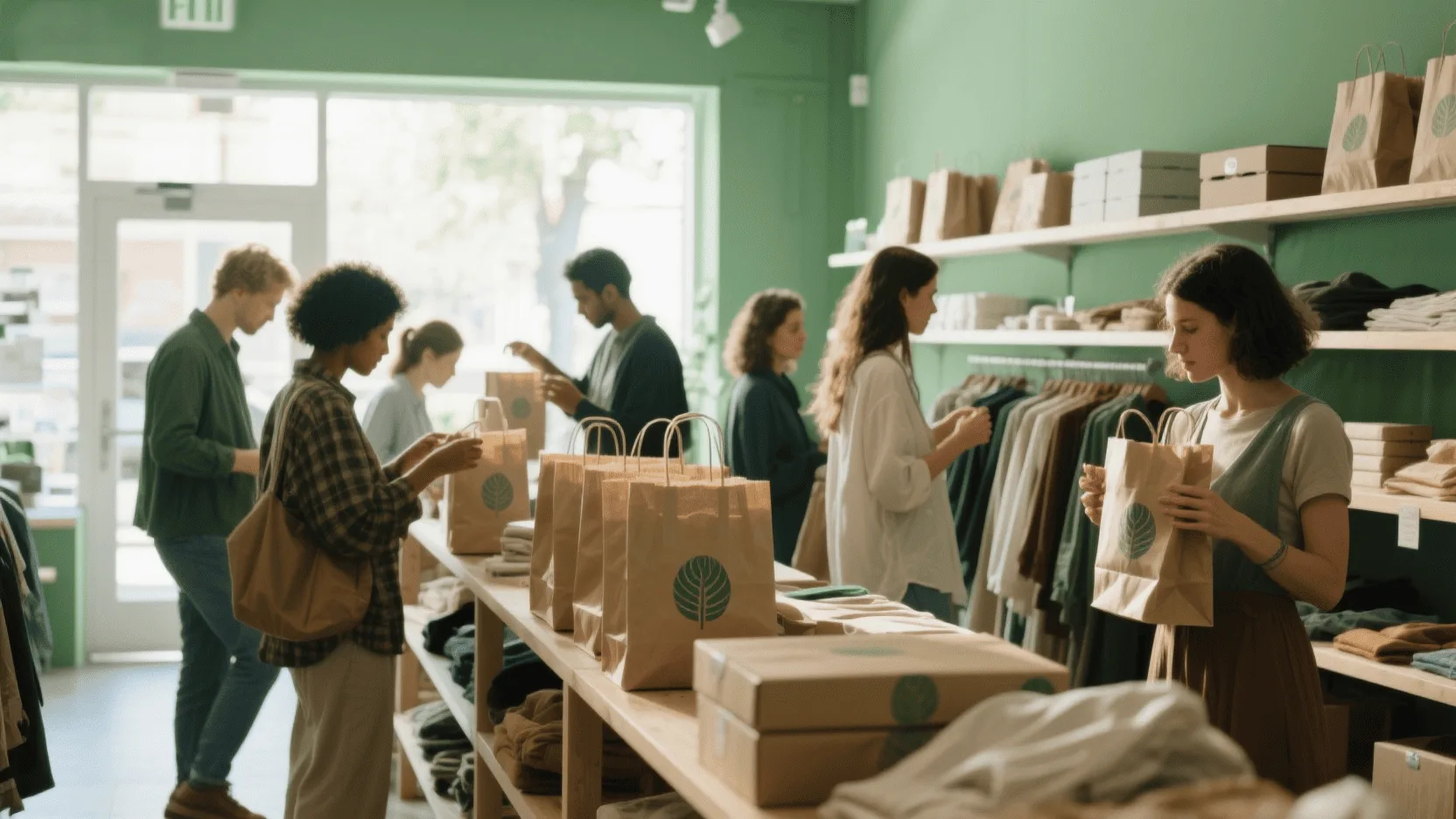 A diverse group of shoppers in a store, consciously choosing products with eco-friendly paper packaging.