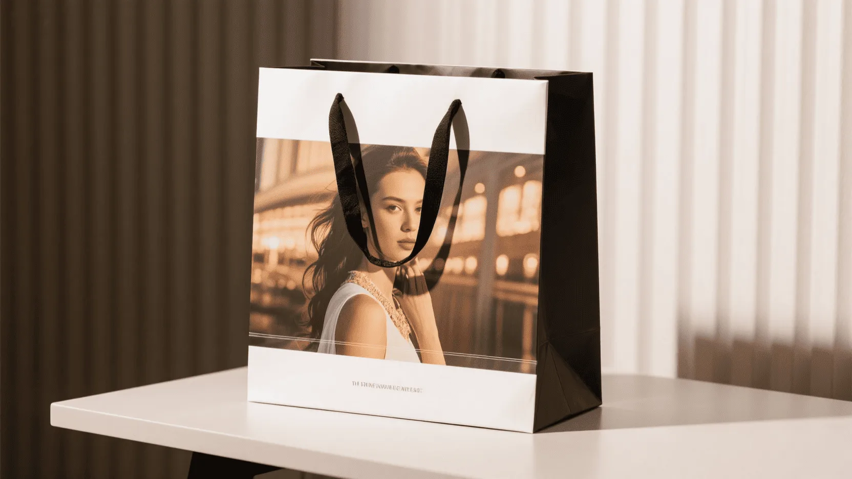 A luxury paper bag with a full-color, high-resolution photo printed on its surface