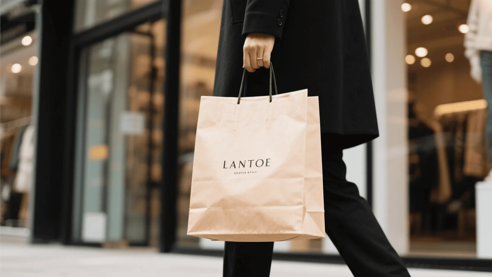 A person carrying a stylish, branded paper bag while shopping.