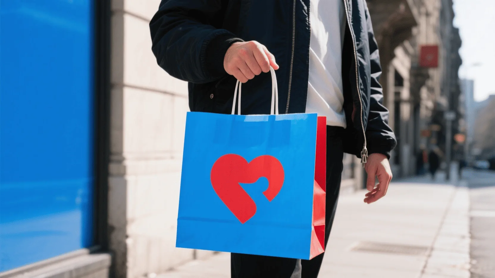 A customer holding a stylish, uniquely designed custom paper bag that clearly displays a brand's logo.
