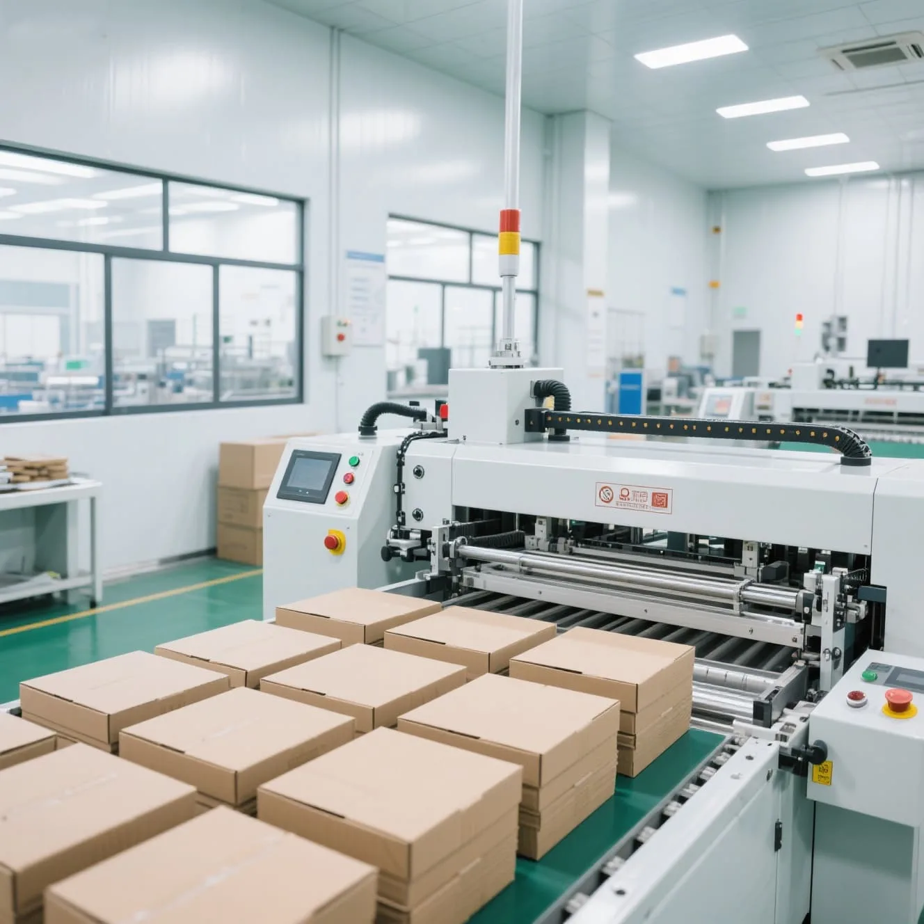 A clean and modern factory floor showing automated machinery for paper box production.