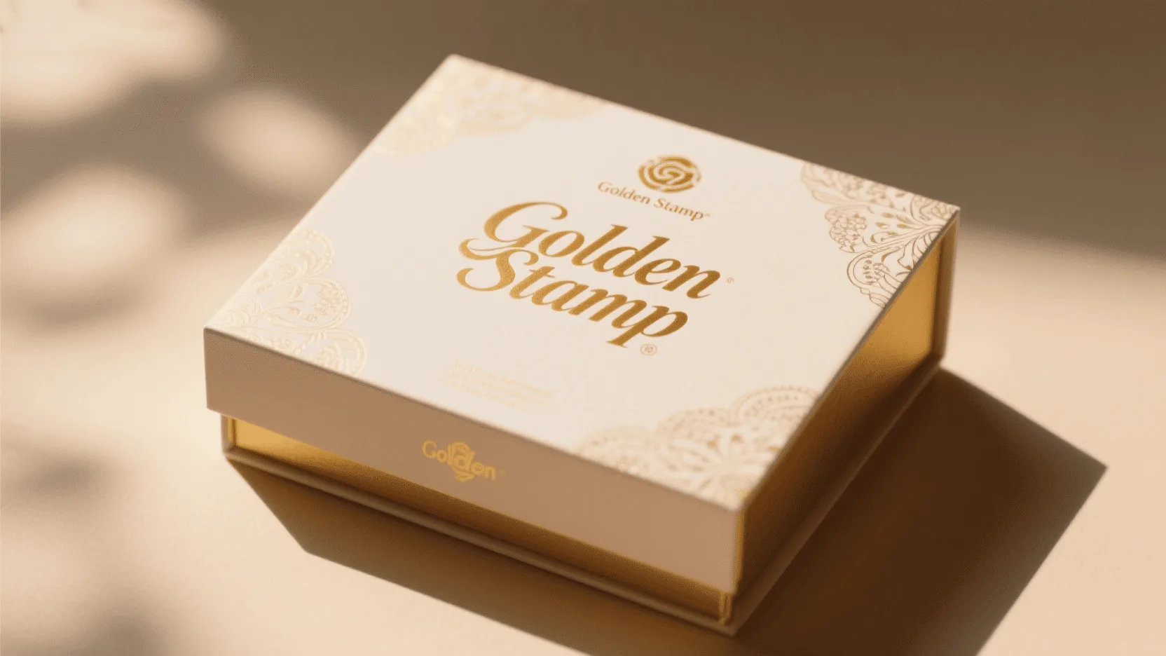 Close-up of a hot stamping machine applying gold foil to a luxury gift box