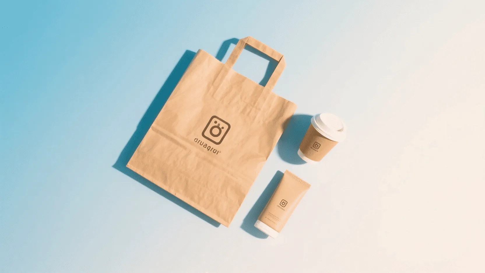 A flat-lay image on a nice background featuring a branded paper bag, the product, and a coffee cup, styled for an Instagram post.