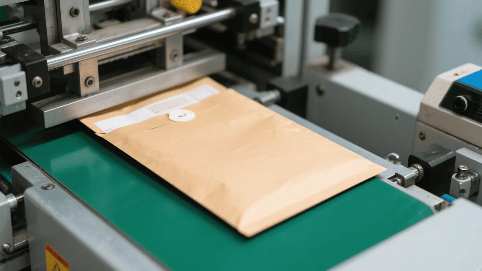 A close-up shot of a machine in a paper bag factory precisely folding and sealing a kraft paper mailer.