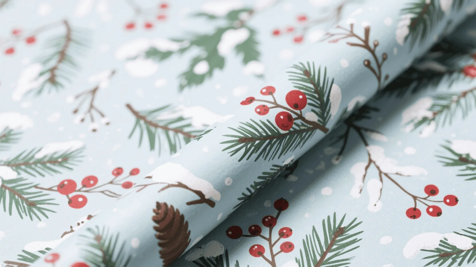 Close-up of a beautifully illustrated wrapping paper featuring winter berries, pine needles, and other festive foliage.