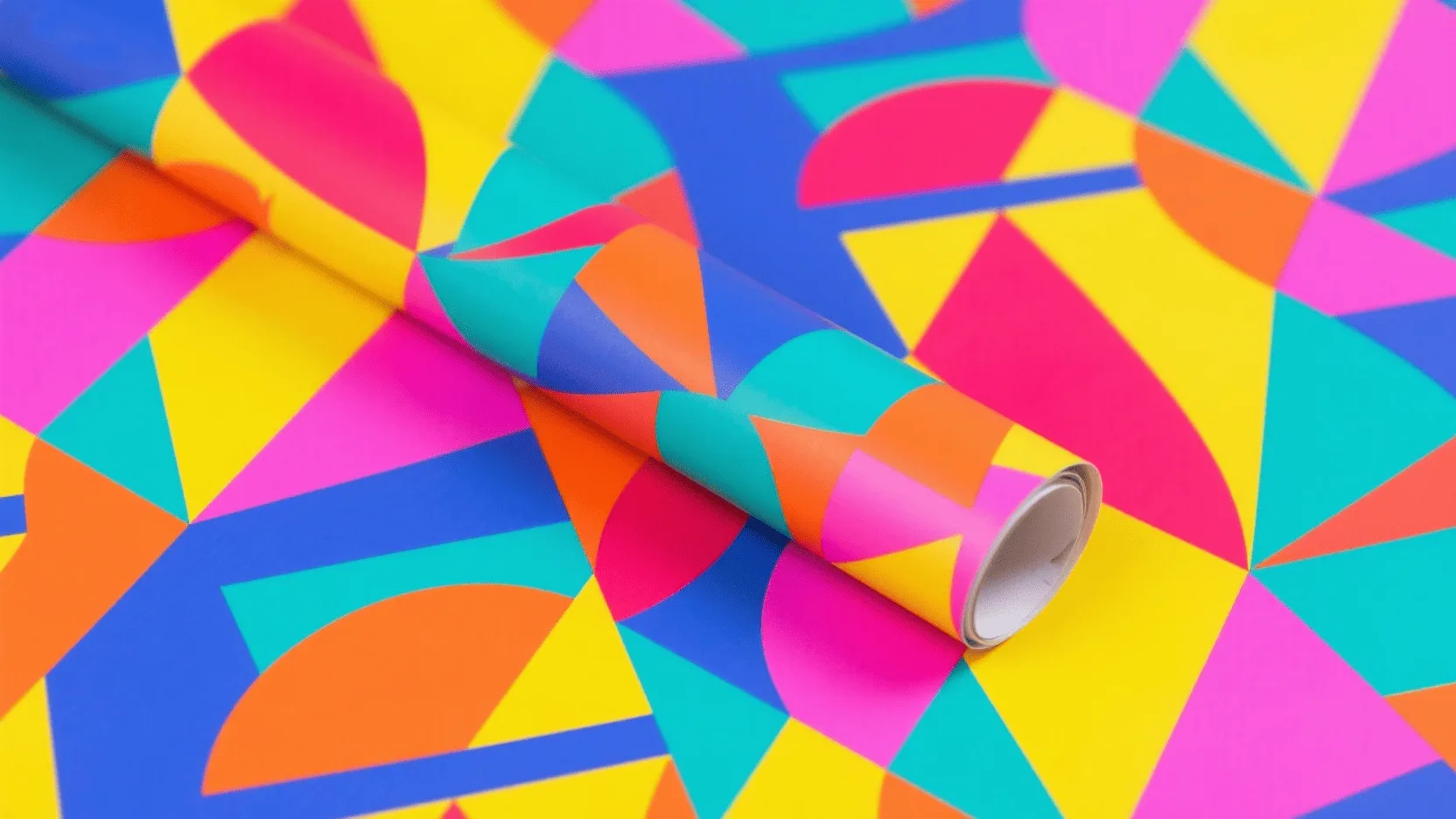 A flat lay photo showing a roll of wrapping paper with a bold, modern, and highly graphic pattern.