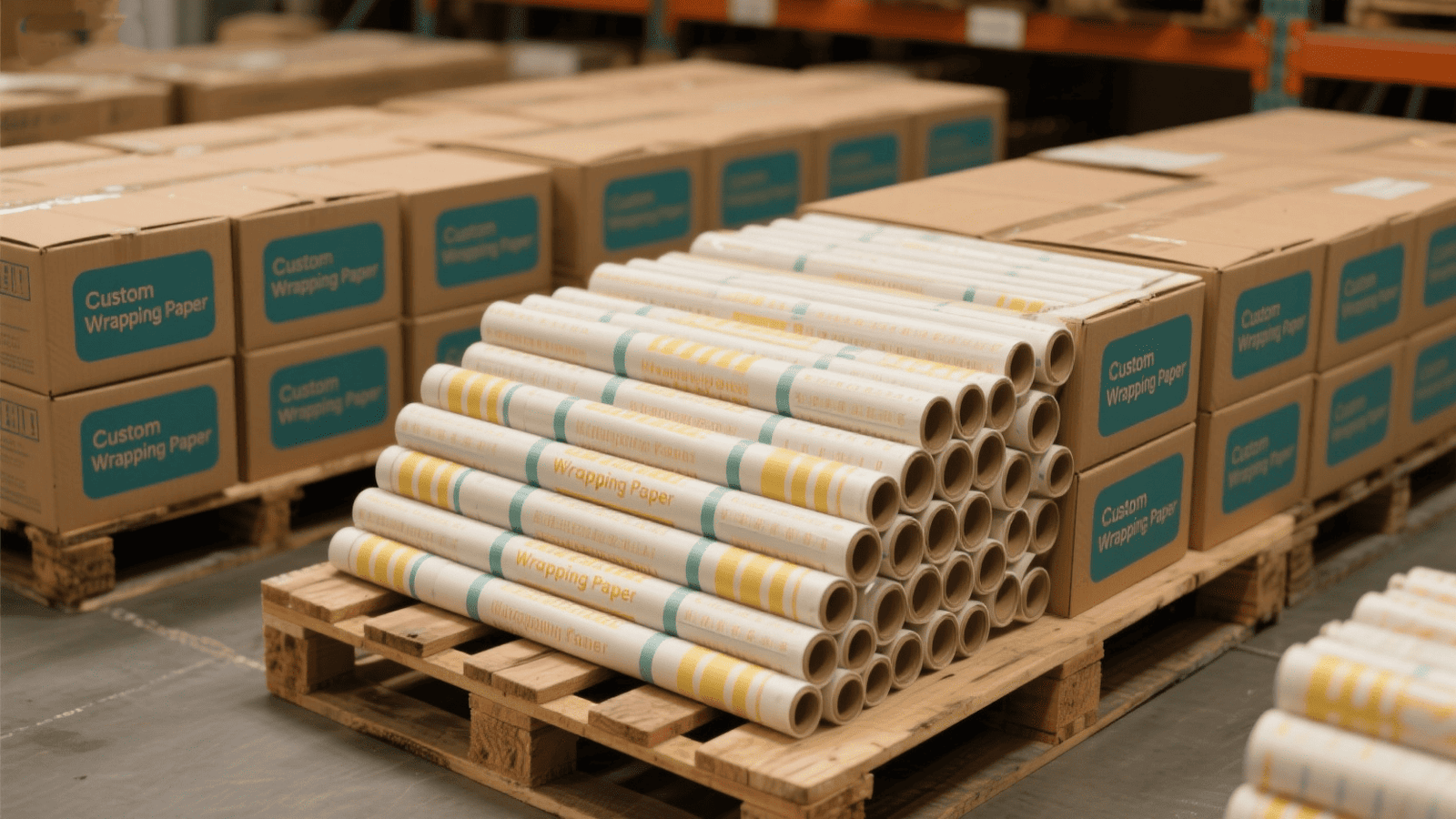 Stacks of custom wrapping paper ready for shipping, showcasing economies of scale.