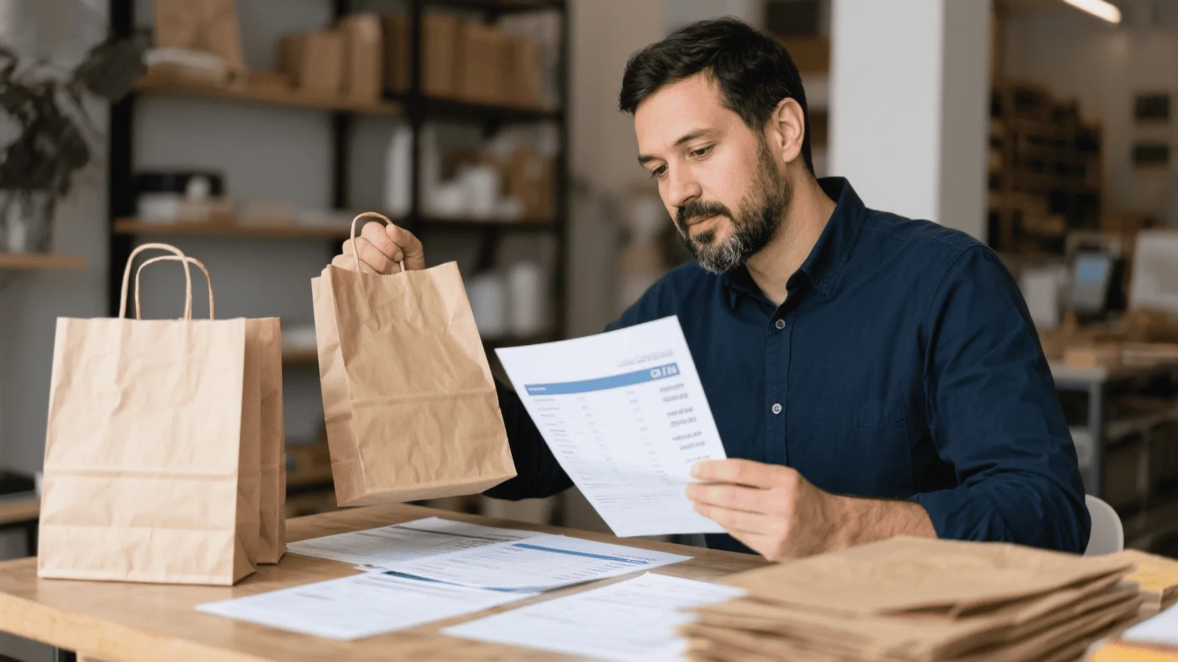 A business owner looking at cost sheets and samples of paper bags, weighing the investment.