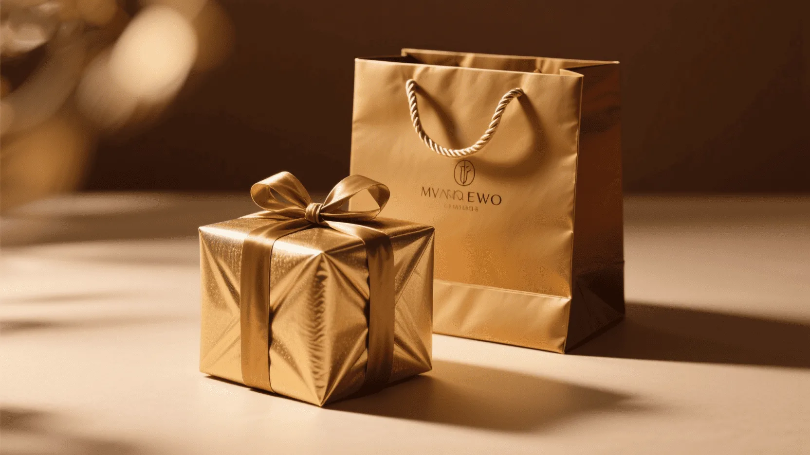 A beautifully wrapped present sitting next to an elegant, branded gift bag.