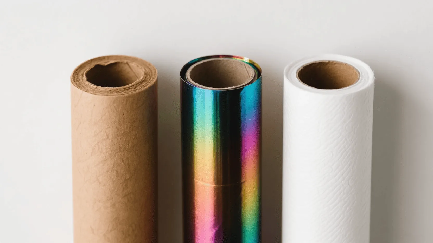 Three rolls of wrapping paper standing side-by-side: one brown kraft, one glossy and colorful, and one matte white with a subtle texture.