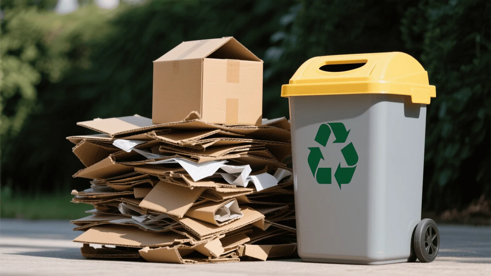 A stack of flattened cardboard boxes next to a recycling bin, symbolizing the paper recycling process.