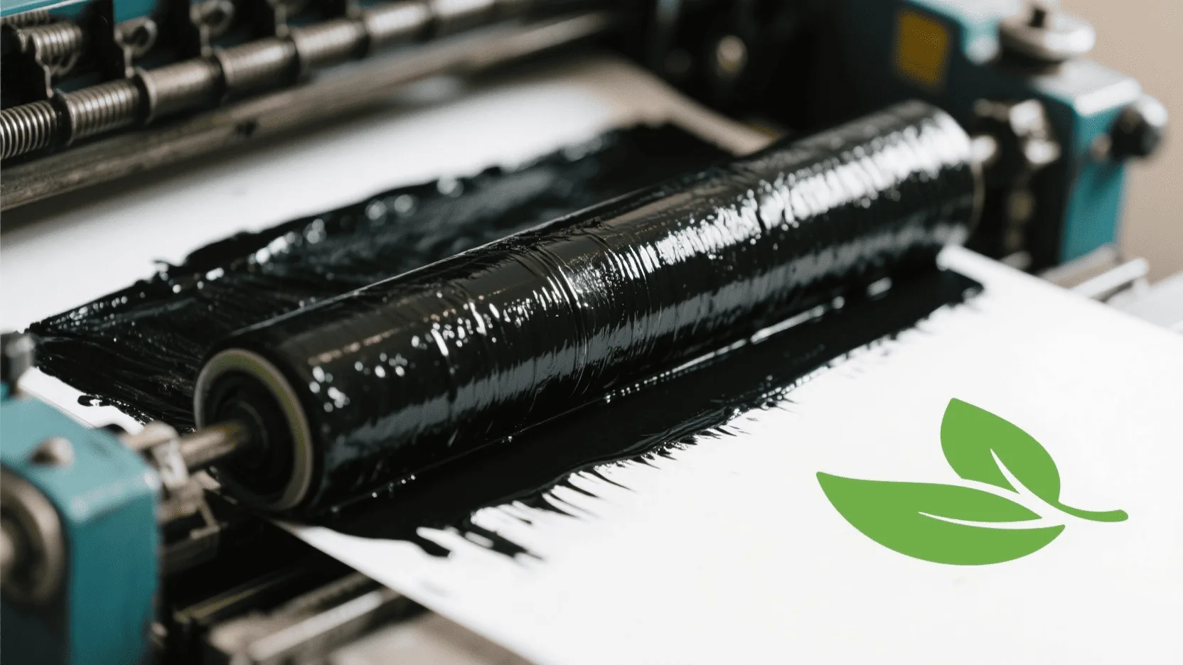 A printing press roller coated in black soy-based ink, with a green leaf icon nearby symbolizing its eco-friendly nature.