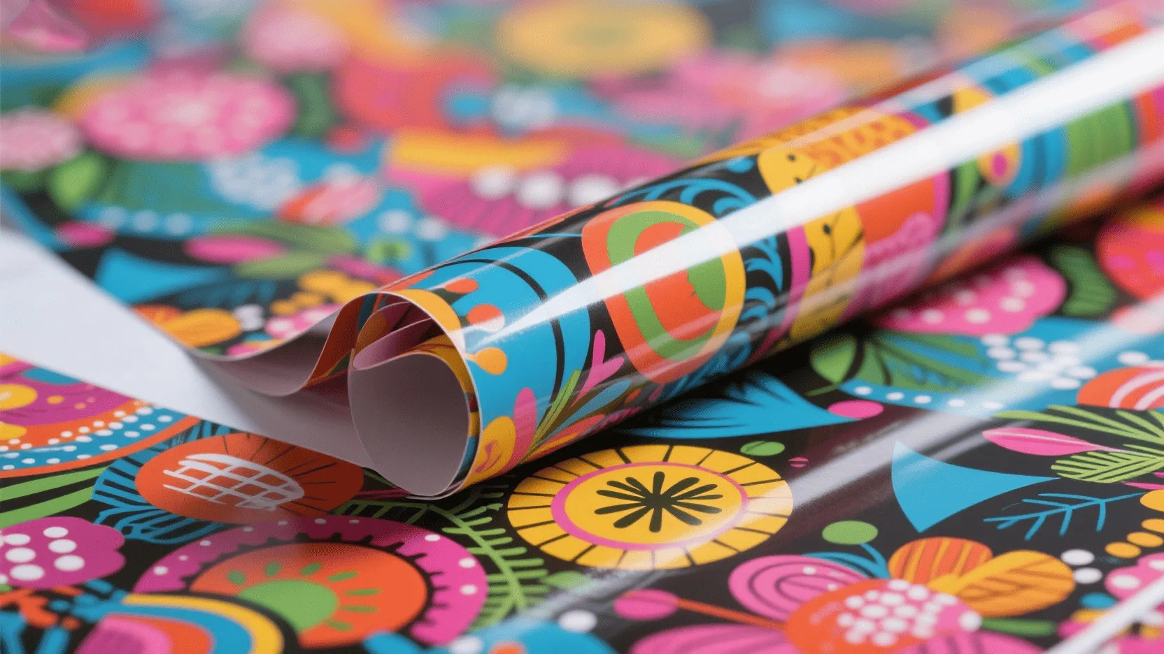 A close-up of a brightly printed wrapping paper with a glossy finish, showing off sharp details and rich colors.