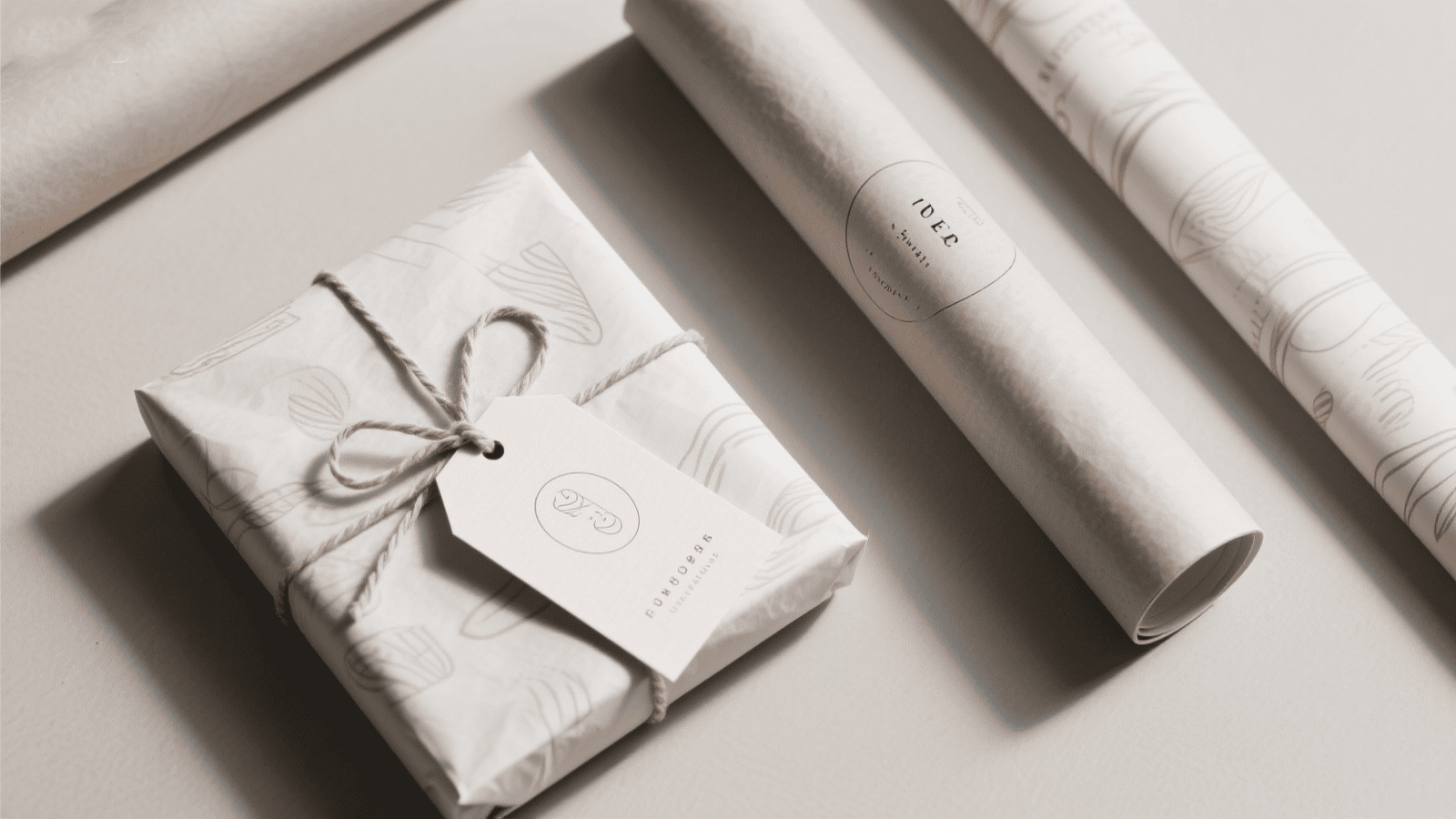 A flat lay of coordinated packaging materials: custom wrapping paper, branded tissue paper, and a matching gift tag.