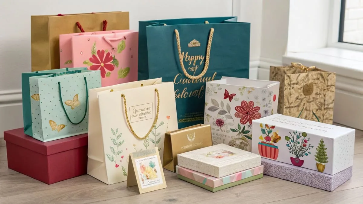 A collection of beautifully designed custom gift boxes and bags in various colors and sizes.