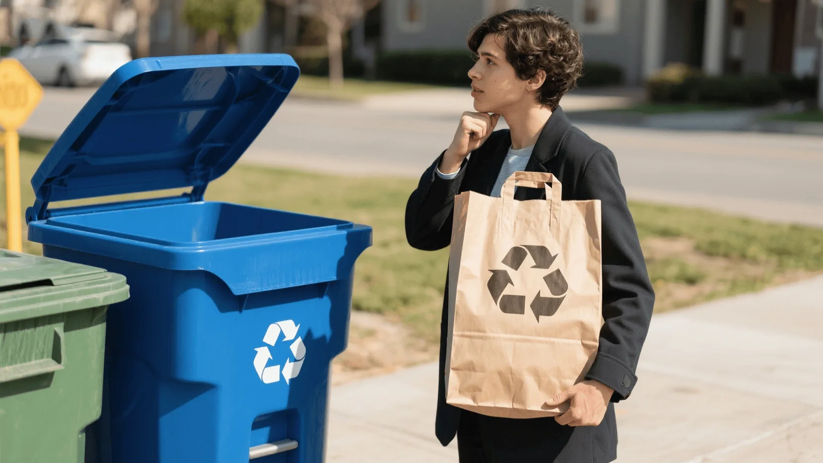 A person holding a printed paper bag, looking thoughtfully at a blue curbside recycling bin.