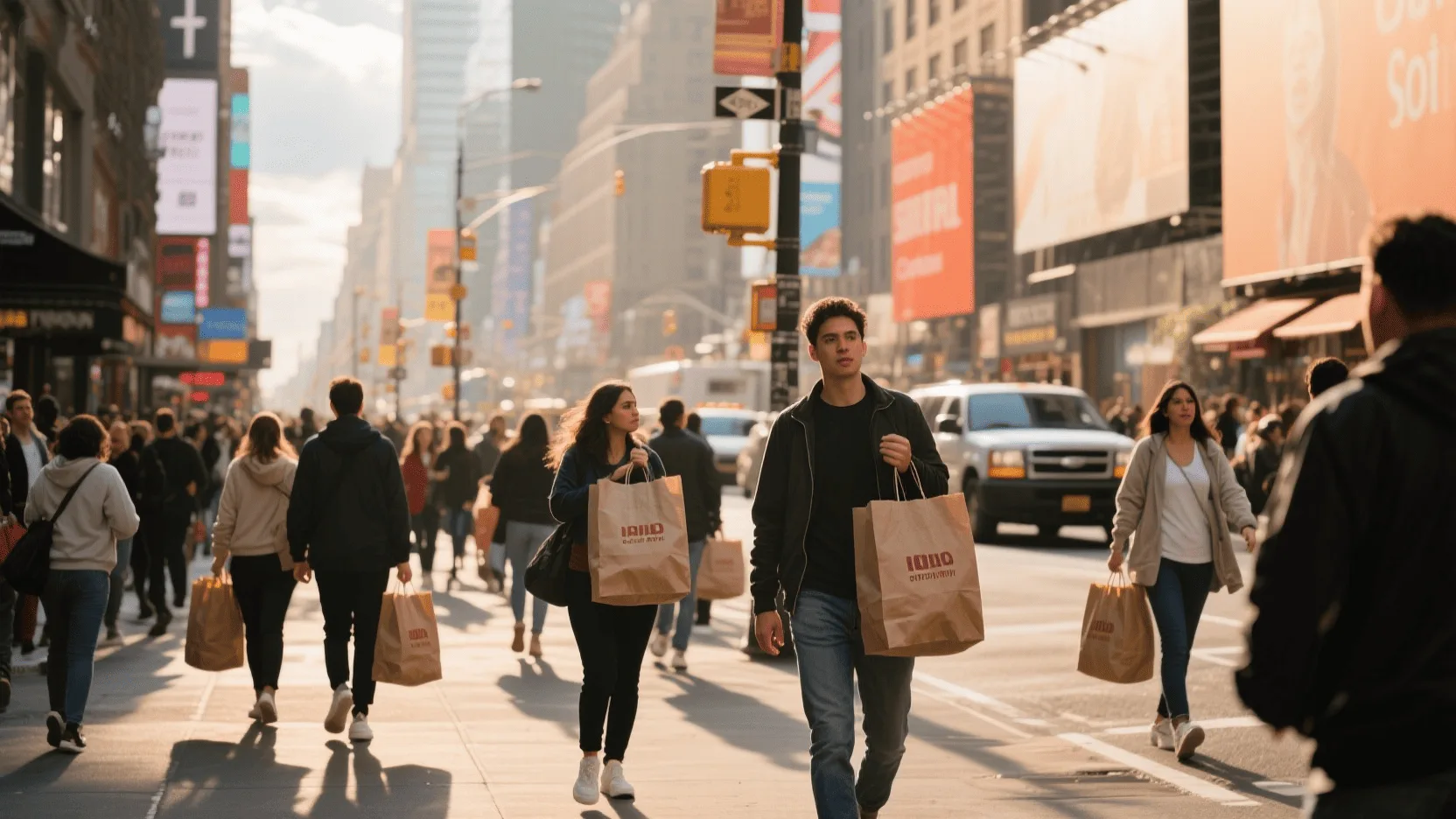 A bustling city street where many shoppers are carrying branded paper bags.